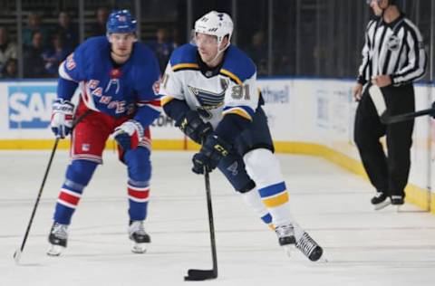 NEW YORK, NY – MARCH 29: Vladimir Tarasenko #91 of the St. Louis Blues skates with the puck against the New York Rangers at Madison Square Garden on March 29, 2019 in New York City. (Photo by Jared Silber/NHLI via Getty Images)