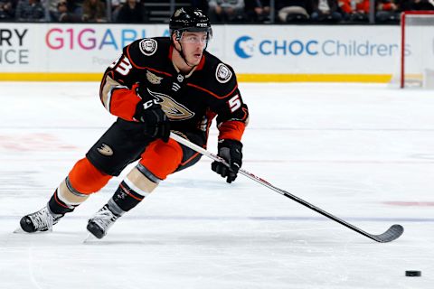 ANAHEIM, CA – OCTOBER 17: Max Comtois #53 of the Anaheim Ducks skates with the puck during the game against the New York Islanders on October 17, 2018 at Honda Center in Anaheim, California. (Photo by Debora Robinson/NHLI via Getty Images)