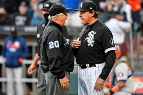 Umpire Tom Hallion (20) talks to Chicago White Sox manager Tony La Russa. Mandatory Credit: Matt Marton-USA TODAY Sports