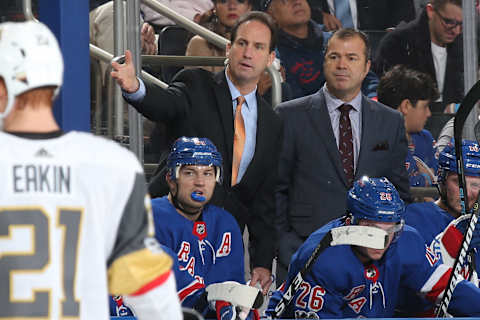 NEW YORK, NY – OCTOBER 31: Head coach Alain Vigneault and associate coach Scott Arniel of the New York Rangers look on from the bench against the Vegas Golden Knights at Madison Square Garden on October 31, 2017 in New York City. The New York Rangers won 6-4. (Photo by Jared Silber/NHLI via Getty Images)