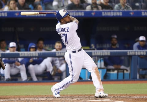 TORONTO, ON – APRIL 26: Teoscar Hernandez #37 of the Toronto Blue Jays bats in the ninth inning during MLB game action against the Boston Red Sox at Rogers Centre on April 26, 2018, in Toronto, Canada. (Photo by Tom Szczerbowski/Getty Images) *** Local Caption *** Teoscar Hernandez