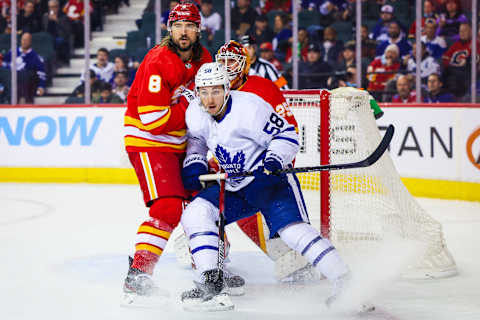 Feb 10, 2022; Calgary, Alberta, CAN; Toronto Maple Leafs left wing Michael Bunting (58)   Mandatory Credit: Sergei Belski-USA TODAY Sports