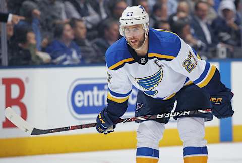 TORONTO,ON – JANUARY 16: Alex Pietrangelo #27 of the St.Louis Blues waits for a faceoff against the Toronto Maple Leafs during an NHL game at the Air Canada Centre on January 16, 2018 in Toronto, Ontario, Canada. The Blues defeated the Maple Leafs 2-1 in overtime. (Photo by Claus Andersen/Getty Images)