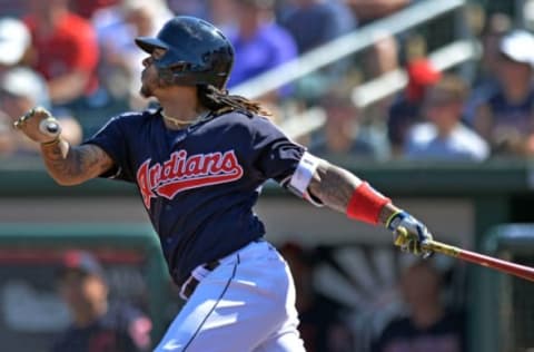 Mar 19, 2017; Goodyear, AZ, USA; Cleveland Indians second baseman Michael Martinez (1) lines out during the third inning against the Arizona Diamondbacks at Goodyear Ballpark. Mandatory Credit: Jake Roth-USA TODAY Sports