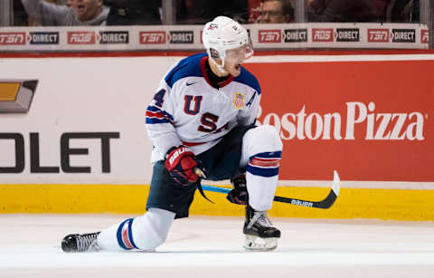 VANCOUVER, BC – JANUARY 5: Josh Norris #14 of the United States celebrates after scoring a goal against Finland in Gold Medal hockey action of the 2019 IIHF World Junior Championship on January, 5, 2019 at Rogers Arena in Vancouver, British Columbia, Canada. (Photo by Rich Lam/Getty Images)