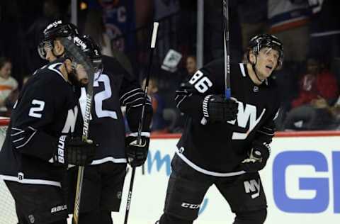 Nov 7, 2016; Brooklyn, NY, USA; New York Islanders left wing Nikolay Kulemin (86) celebrates after scoring a goal against the Vancouver Canucks during the second period at Barclays Center. Mandatory Credit: Brad Penner-USA TODAY Sports