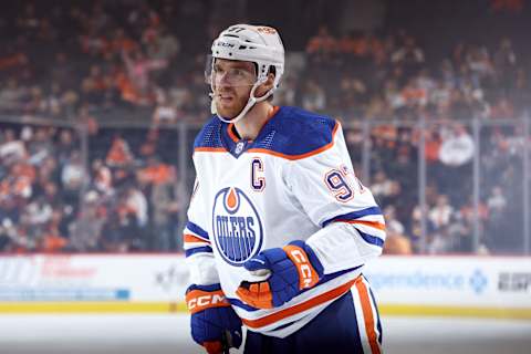 PHILADELPHIA, PENNSYLVANIA – OCTOBER 19: Connor McDavid #97 of the Edmonton Oilers looks on during the third period against the Philadelphia Flyers at the Wells Fargo Center on October 19, 2023 in Philadelphia, Pennsylvania. (Photo by Tim Nwachukwu/Getty Images)