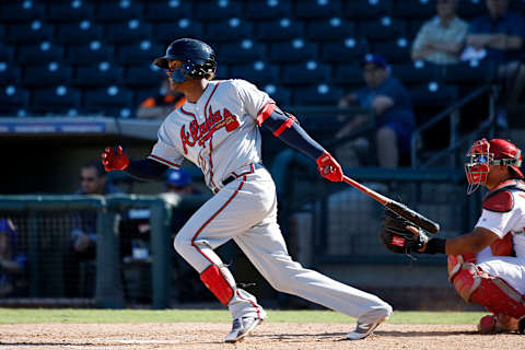 SURPRISE, AZ – OCTOBER 17: Cristian Pacche #27 of the Peoria Javelinas and Atlanta Braves in action during the 2018 Arizona Fall League on October 17, 2018 at Surprise Stadium in Surprise, Arizona. (Photo by Joe Robbins/Getty Images)