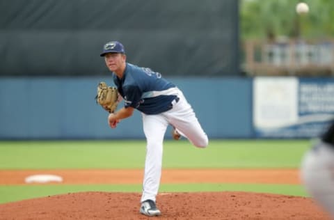 Port Charlotte, FL – JUL 06: 2018 Tampa Bay Rays first round pick 18-year-old left-hander Matthew Liberatore makes his professional debut as the starting pitcher for the GCL Rays during the Gulf Coast League (GCL) game between the GCL Orioles and the GCL Rays on July 06, 2018, at the Charlotte Sports Park in Port Charlotte, FL. (Photo by Cliff Welch/Icon Sportswire via Getty Images)