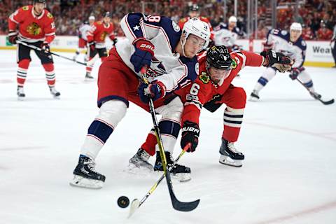 CHICAGO, IL – OCTOBER 07: Chicago Blackhawks defenseman Michal Kempny (6) battles with Columbus Blue Jackets center Pierre-Luc Dubois (18) during a game between the Chicago Blackhawks and the Columbus Blue Jackets on October 7, 2017, at the United Center in Chicago, IL. (Photo by Robin Alam/Icon Sportswire via Getty Images)