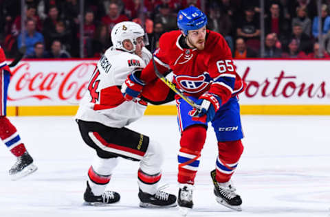 MONTREAL, QC – MARCH 25: Montreal Canadiens Winger Andrew Shaw (65) pushing back Ottawa Senators Defenceman Mark Borowiecki (74) while looking away during the Ottawa Senators versus the Montreal Canadiens game on March 25, 2017, at Bell Centre in Montreal, QC (Photo by David Kirouac/Icon Sportswire via Getty Images)