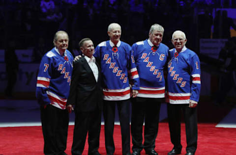 NEW YORK, NEW YORK – DECEMBER 02: (l-r) Rod Gilbert, Emile Francis, Jean Ratelle, Vic Hadfield and Ed Giacomin attend Hadfield’s jersey retirement by the New York Rangers at Madison Square Garden on December 02, 2018 in New York City. (Photo by Bruce Bennett/Getty Images)