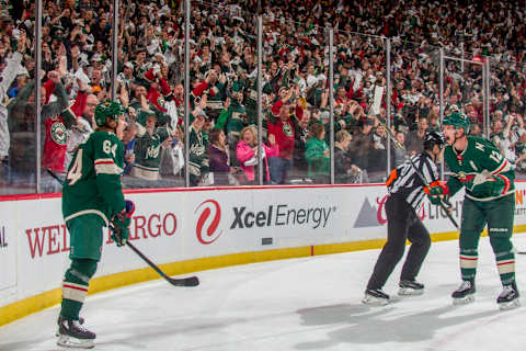 ST. PAUL, MN – APRIL 15: Mikael Granlund #64 celebrates his goal with teammate Eric Staal #12 of the Minnesota Wild against the Winnipeg Jets in Game Three of the Western Conference First Round during the 2018 NHL Stanley Cup Playoffs at the Xcel Energy Center on April 15, 2018 in St. Paul, Minnesota. (Photo by Bruce Kluckhohn/NHLI via Getty Images)