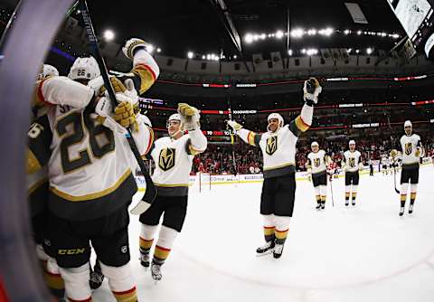 Members of the Vegas Golden Knights celebrate a win over the Chicago Blackhawks. (Photo by Jonathan Daniel/Getty Images)