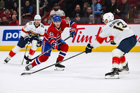 Nov 30, 2023; Montreal, Quebec, CAN; Montreal Canadiens defenseman Justin Barron. Mandatory Credit: David Kirouac-USA TODAY Sports