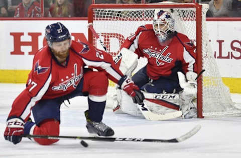 NHL Power Rankings: Washington Capitals goalie Braden Holtby (70) looks for the puck as defenseman Karl Alzner (27) breaks up a pass against the Philadelphia Flyers during the second period at Wells Fargo Center. Mandatory Credit: Derik Hamilton-USA TODAY Sports