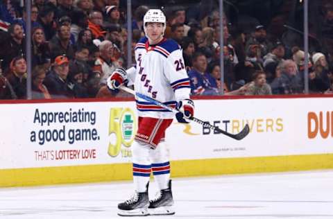 PHILADELPHIA, PENNSYLVANIA – DECEMBER 17: Jimmy Vesey #26 of the New York Rangers looks on against the Philadelphia Flyers at Wells Fargo Center on December 17, 2022, in Philadelphia, Pennsylvania. (Photo by Tim Nwachukwu/Getty Images)