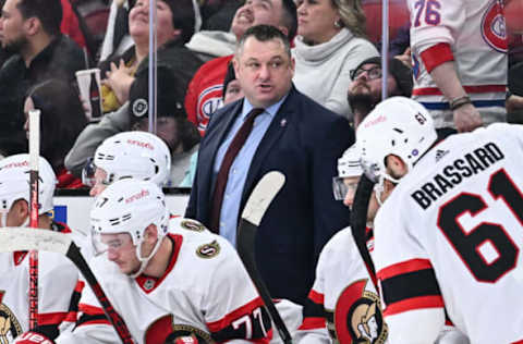 Head coach of the Ottawa Senators D. J. Smith handles bench duties during the third period against the Montreal Canadiens at Centre Bell on February 25, 2023 | Photo by Minas Panagiotakis/Getty Images