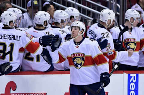 NHL Power Rankings: Florida Panthers center Michael Sgarbossa (48) celebrates with teammates after scoring a goal in the second period against the Arizona Coyotes at Gila River Arena. Mandatory Credit: Matt Kartozian-USA TODAY Sports