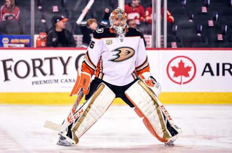 CALGARY, AB – MARCH 29: Anaheim Ducks Goalie John Gibson (36) warms up before an NHL game where the Calgary Flames hosted the Anaheim Ducks on March 29, 2019, at the Scotiabank Saddledome in Calgary, AB. (Photo by Brett Holmes/Icon Sportswire via Getty Images)