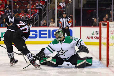 Dallas Stars goaltender Scott Wedgewood (41) makes save on Michael McLeod (20): Ed Mulholland-USA TODAY Sports