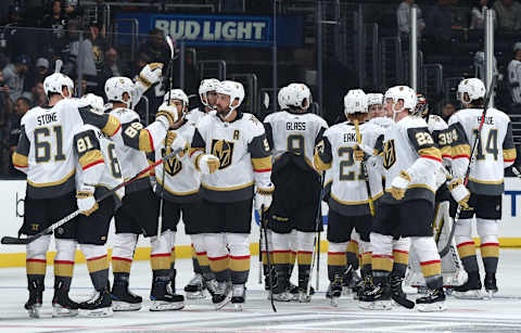 LOS ANGELES, CA – SEPTEMBER 19: The Vegas Golden Knights celebrate their 3-2 overtime win over the Los Angeles Kings at STAPLES Center on September 19, 2019 in Los Angeles, California. (Photo by Juan Ocampo/NHLI via Getty Images)