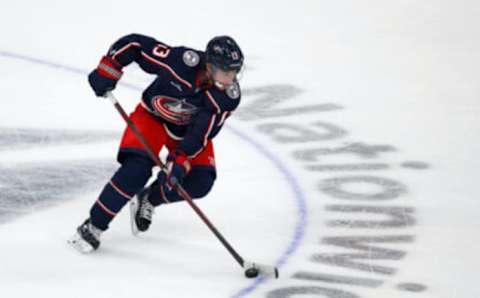 Sep 25, 2022; Columbus, Ohio, USA; Columbus Blue Jackets left wing Johnny Gaudreau (13) skates the puck up the ice during the third period against the Pittsburgh Penguins at Nationwide Arena. Mandatory Credit: Joseph Maiorana-USA TODAY Sports