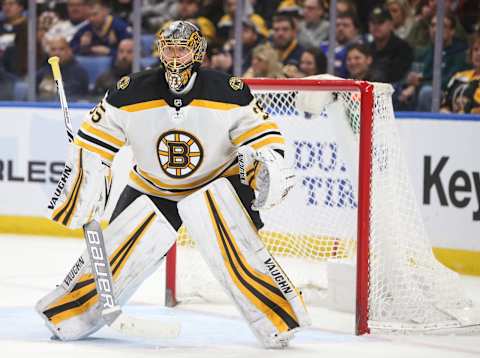 BUFFALO, NY – FEBRUARY 25: Boston Bruins goaltender Anton Khudobin (35) stands in goal during an NHL game between the Boston Bruins and Buffalo Sabres on February 25, 2018, at the First Niagara Center in Buffalo, NY. (Jerome Davis/Icon Sportswire via Getty Images)