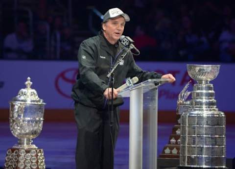 Jun 16, 2014; Los Angeles, CA, USA; Los Angeles Kings general manager Dean Lombardi speaks a rally to celebrate winning the 2014 Stanley Cup at Staples Center. Mandatory Credit: Kirby Lee-USA TODAY Sports