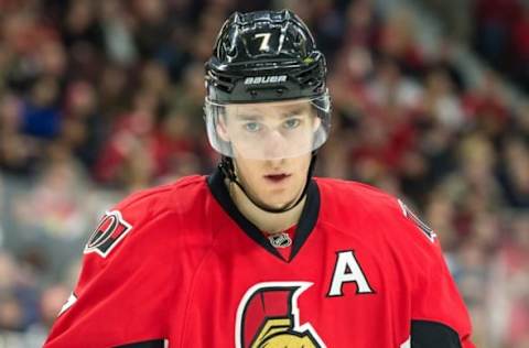 Feb 20, 2016; Ottawa, Ontario, CAN; Ottawa Senators center Kyle Turris (7) is named the first star for his shootout goal in the match against the Detroit Red Wings at the Canadian Tire Centre. Mandatory Credit: Marc DesRosiers-USA TODAY Sports