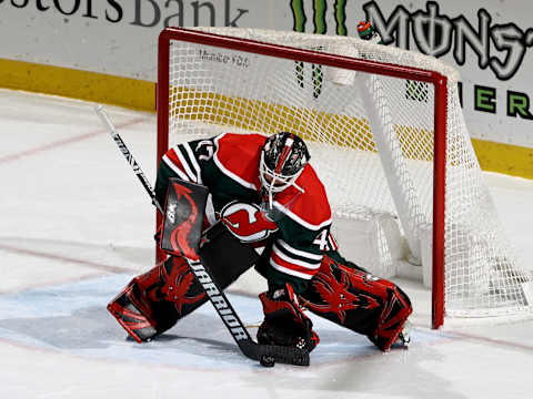 NEWARK, NEW JERSEY – MARCH 02: Aaron Dell #47 of the New Jersey Devils  . (Photo by Elsa/Getty Images)