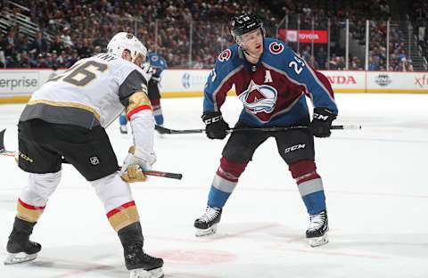 DENVER, CO – MARCH 27: Nathan MacKinnon #29 of the Colorado Avalanche faces off against Paul Stastny #26 of the Vegas Golden Knights at the Pepsi Center on March 27, 2019 in Denver, Colorado. (Photo by Michael Martin/NHLI via Getty Images)