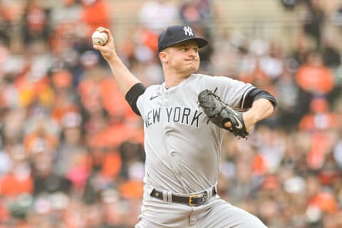 Apr 7, 2023; Baltimore, Maryland, USA; New York Yankees starting pitcher Clarke Schmidt (36) delivers a first inning pitch against the Baltimore Orioles at Oriole Park at Camden Yards. Mandatory Credit: Tommy Gilligan-USA TODAY Sports