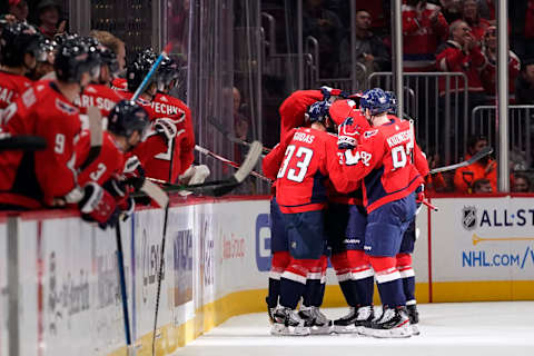 WASHINGTON, DC – JANUARY 07: Radko Gudas #33 of the Washington Capitals celebrates with his teammates after scoring a goal in the second period against the Ottawa Senators at Capital One Arena on January 7, 2020 in Washington, DC. (Photo by Patrick McDermott/NHLI via Getty Images)