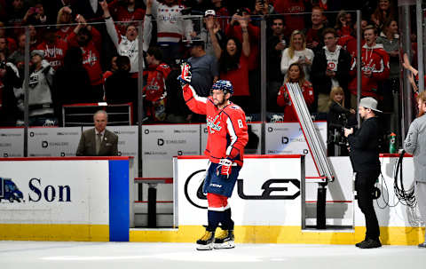 WASHINGTON, DC – FEBRUARY 04: Capitals left wing Alexander Alex Ovechkin (8) waves to the crowd after his hat trick and 698th goal of his career during the Los Angeles Kings vs. Washington Capitals NHL game on February 4, 2020 at Capital One Arena in Washington, D.C.. (Photo by Randy Litzinger/Icon Sportswire via Getty Images)