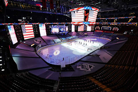 New York Rangers stand on ice at Scotiabank Arena (Photo by Andre Ringuette/Freestyle Photo/Getty Images)