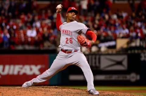 Apr 7, 2017; St. Louis, MO, USA; Cincinnati Reds relief pitcher Raisel Iglesias (26) pitches to a St. Louis Cardinals batter during the ninth inning at Busch Stadium. The Reds won 2-0. Mandatory Credit: Jeff Curry-USA TODAY Sports