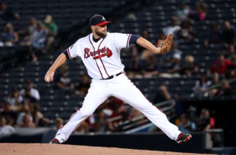 Aug 31, 2016; Atlanta, GA, USA; Atlanta Braves relief pitcher Jim Johnson (53) delivers a pitch to a San Diego Padres batter in the ninth inning of their game at Turner Field. The Braves won 8-1. Mandatory Credit: Jason Getz-USA TODAY Sports. MLB.