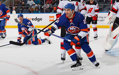 ELMONT, NEW YORK – OCTOBER 06: Kyle Palmieri #21 of New York Islanders skates against the New Jersey Devils at UBS Arena on October 06, 2023, in Elmont, New York. (Photo by Bruce Bennett/Getty Images)