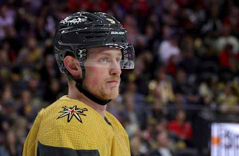 LAS VEGAS, NEVADA – FEBRUARY 18: Jack Eichel #9 of the Vegas Golden Knights takes a break during a stop in play in the third period of a game against the Los Angeles Kings at T-Mobile Arena on February 18, 2022 in Las Vegas, Nevada. The Kings defeated the Golden Knights 4-3 in overtime. (Photo by Ethan Miller/Getty Images)