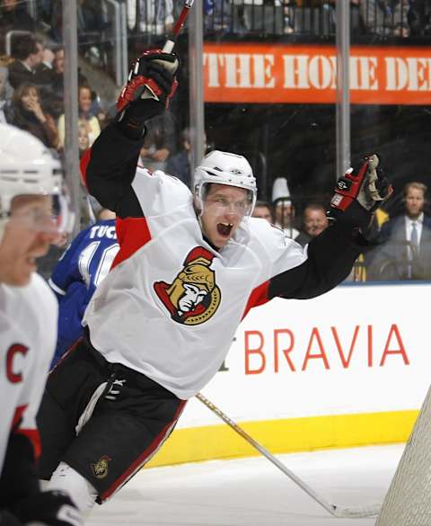 TORONTO – APRIL 3: Dany Heatley #15 of the Ottawa Senators celebrates his teams goal against the Toronto Maple Leafs during their NHL game at the Air Canada Centre April 3, 2008 in Toronto, Ontario. (Photo By Dave Sandford/Getty Images)