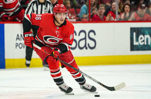 RALEIGH, NC – SEPTEMBER 29: Carolina Hurricanes left wing Teuvo Teravainen (86) skates with the puck during an NHL Preseason game between the Washington Capitals and the Carolina Hurricanes on September 29, 2019 at the PNC Arena in Raleigh, NC. (Photo by Greg Thompson/Icon Sportswire via Getty Images)