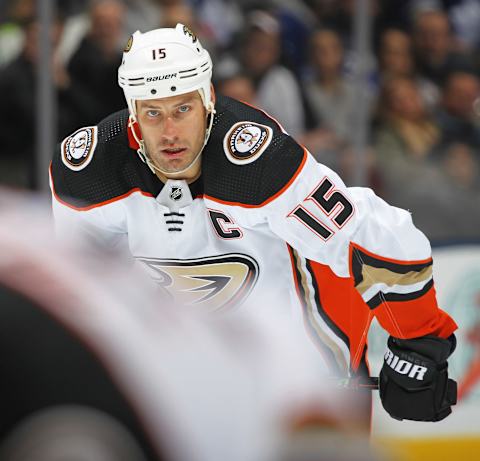 TORONTO, ON – FEBRUARY 7: Ryan Getzlaf #15 of the Anaheim Ducks waits for a faceoff against the Toronto Maple Leafs during an NHL game at Scotiabank Arena on February 7, 2020 in Toronto, Ontario, Canada. The Maple Leafs defeated the Ducks 5-4 in overtime. (Photo by Claus Andersen/Getty Images)