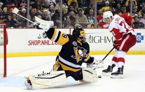 NHL Trade Rumors: Pittsburgh Penguins goalie Marc-Andre Fleury (29) defends the net against Detroit Red Wings center Dylan Larkin (71) during the third period at the PPG PAINTS Arena. Pittsburgh won 5-3. Mandatory Credit: Charles LeClaire-USA TODAY Sports