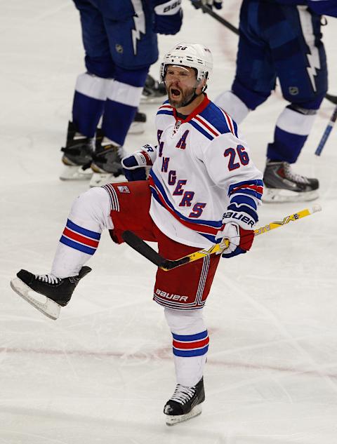 May 22, 2015; Tampa, FL, USA; New York Rangers right-wing Martin St. Louis (26) celebrates a goal against the Tampa Bay Lightning in game four of the Eastern Conference Final of the 2015 Stanley Cup Playoffs at Amalie Arena. Mandatory Credit: Reinhold Matay-USA TODAY Sports