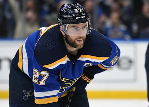 ST. LOUIS, MO – OCTOBER 25: St. Louis Blues defenseman Alex Pietrangelo (27) during a NHL game between the Columbus Blue Jackets and the St. Louis Blues on October 25, 2018, at Enterprise Center, St. Louis, MO. Columbus beat St. Louis 7-4. (Photo by Keith Gillett/Icon Sportswire via Getty Images)