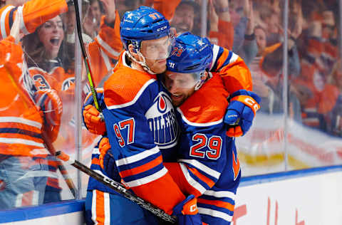 Nov 13, 2023; Edmonton, Alberta, CAN; Edmonton Oilers forward Connor McDavid (97) celebrates his goal with center Leon Draisaitl (29) during the third period against the New York Islanders at Rogers Place. Mandatory Credit: Perry Nelson-USA TODAY Sports