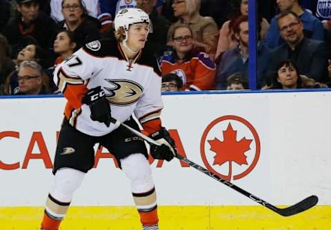 Feb 16, 2016; Edmonton, Alberta, CAN; Anaheim Ducks defensemen Hampus Lindholm (47) skates against the Edmonton Oilers at Rexall Place. Mandatory Credit: Perry Nelson-USA TODAY Sports