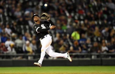 Oct 1, 2016; Chicago, IL, USA; Chicago White Sox shortstop Tim Anderson (12) attempts to throw out Minnesota Twins first baseman James Beresford (not pictured) during the seventh at U.S. Cellular Field. Mandatory Credit: Patrick Gorski-USA TODAY Sports