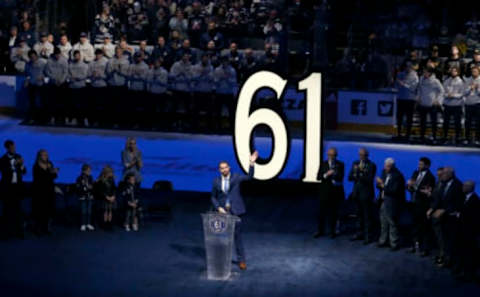 Mar 5, 2022; Columbus, Ohio, USA; Former Columbus Blue Jackets forward Rick Nash speaks during the retirement ceremony of his jersey before the game at Nationwide Arena. Mandatory Credit: Russell LaBounty-USA TODAY Sports